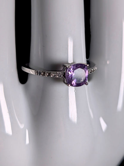 Vintage Cushion Cut Genuine Amethyst Solitaire with White Topaz Sterling Silver Ring