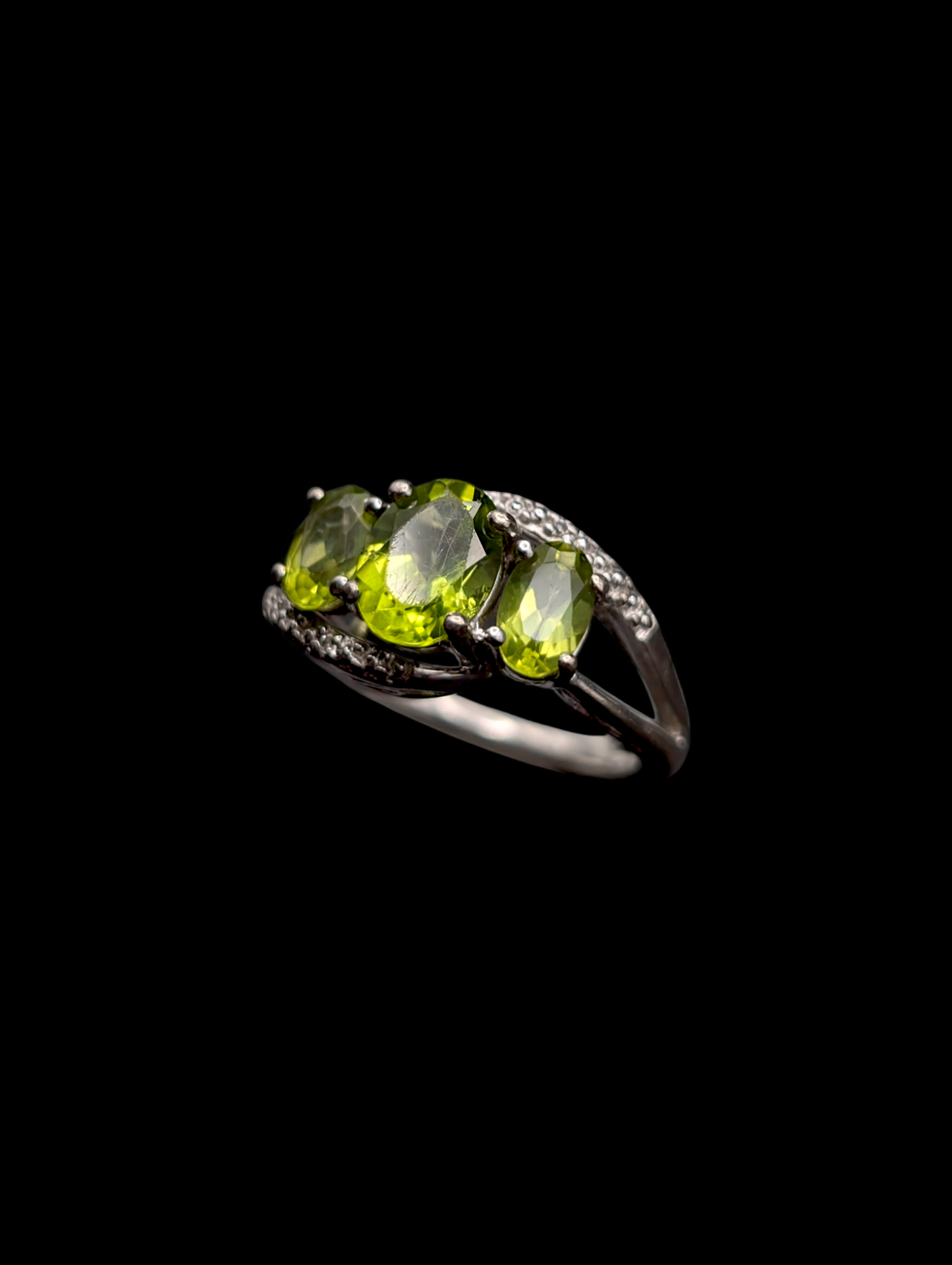 Vintage 3 Stone Oval Cut Genuine Peridot and Diamond Sterling Silver Ring