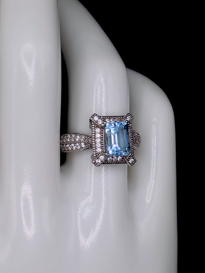 Vintage Emerald Cut Simulated Blue Topaz Solitaire Statement Sterling Silver Ring