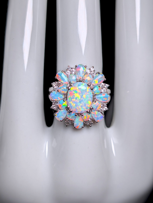 Vintage Dazzling Starburst Genuine Opal and White Topaz Sterling Silver Cocktail Cluster Statement Ring