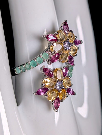 Vintage Flower Starburst Genuine Emerald, Citrine, Garnet and Tanzanite Sterling Silver Wrap Ring