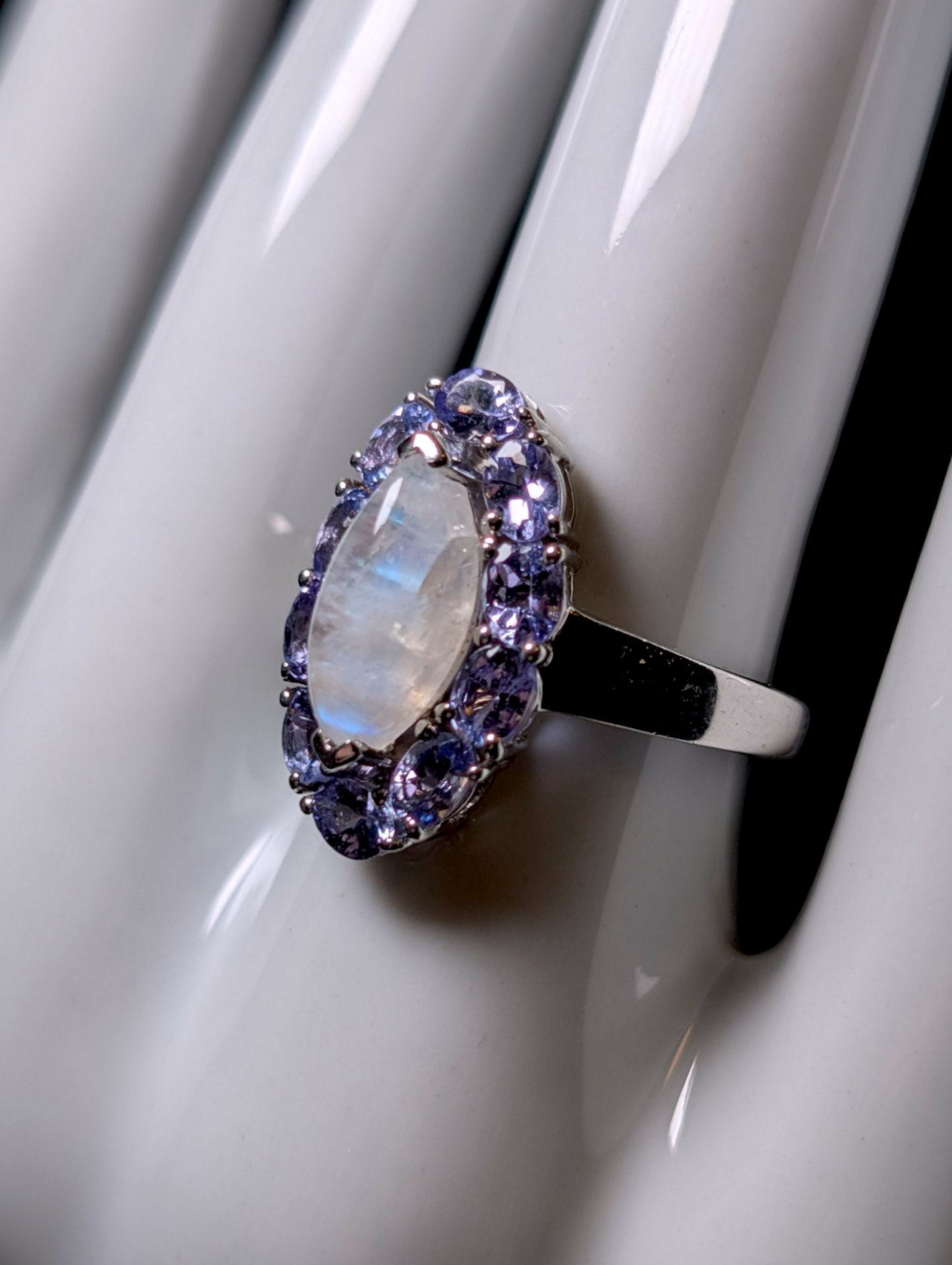 Vintage Mystical Marquise Cabochon Genuine Rainbow Moonstone and Tanzanite Sterling Silver Ring
