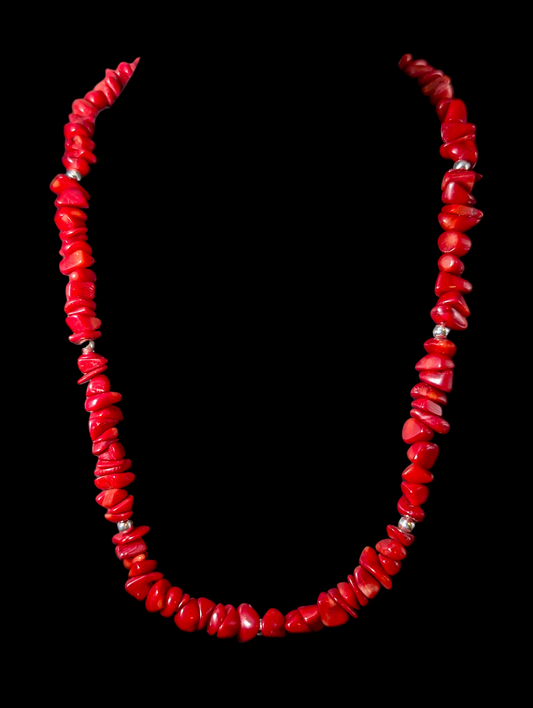 Genuine Red Coral Bead and Sterling Silver Bead Necklace