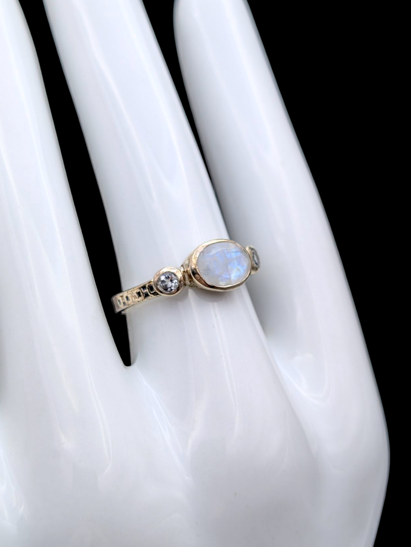 Vintage Genuine Moonstone and White Topaz East West Bezel Set Artisan Sterling Silver Ring