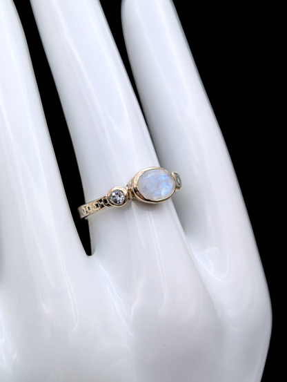 Vintage Genuine Moonstone and White Topaz East West Bezel Set Artisan Sterling Silver Ring