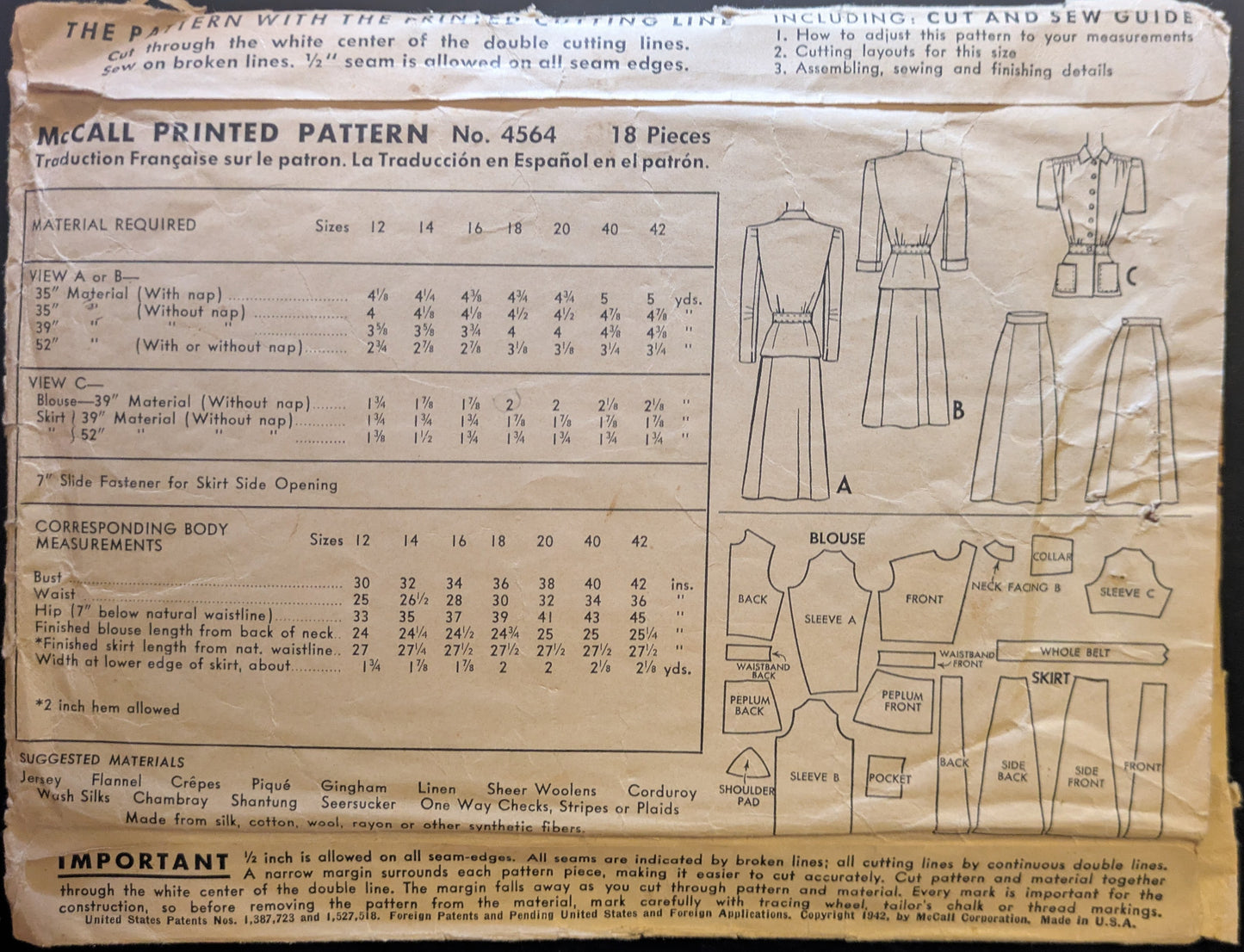 1940s Vintage McCall 4564 Sewing Pattern Size 16