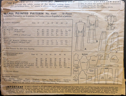1940s Vintage McCall 4564 Sewing Pattern Size 16