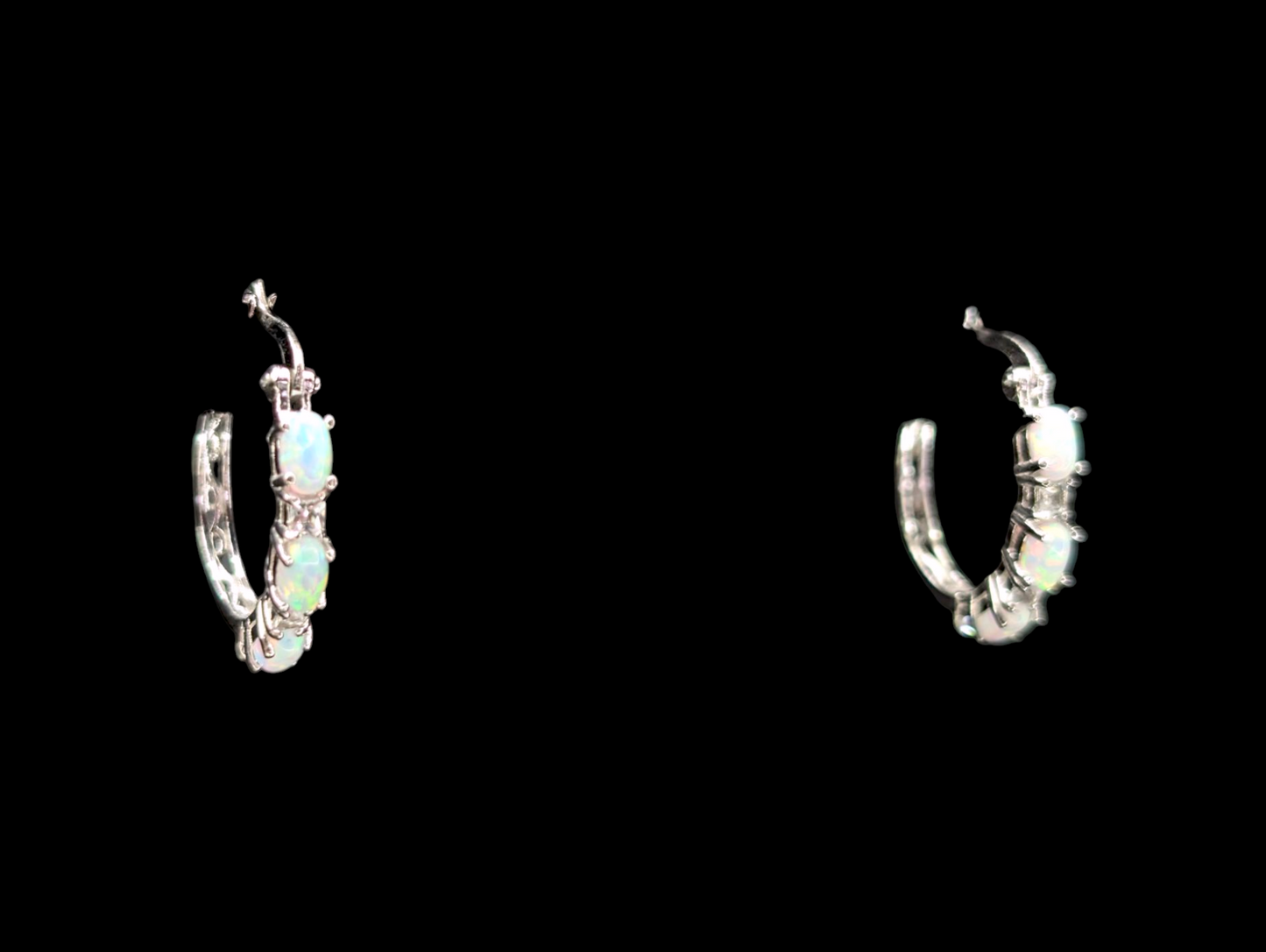 Vintage Genuine Opal and White Topaz Sterling Silver Hoop Earrings