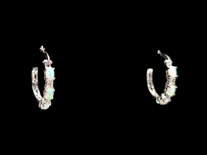 Vintage Genuine Opal and White Topaz Sterling Silver Hoop Earrings
