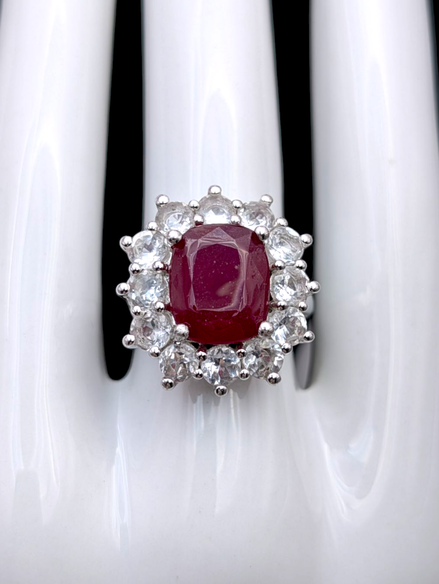 Vintage Earth Mined Genuine Ruby Rectangular Cushion Cut Solitaire and White Topaz Halo Rhodium over Sterling Silver Statement Ring