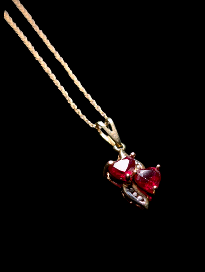 Vintage 10k Solid Yellow Gold Twin Heart Cut Genuine Ruby and Diamond Accent Necklace and Matching Earrings