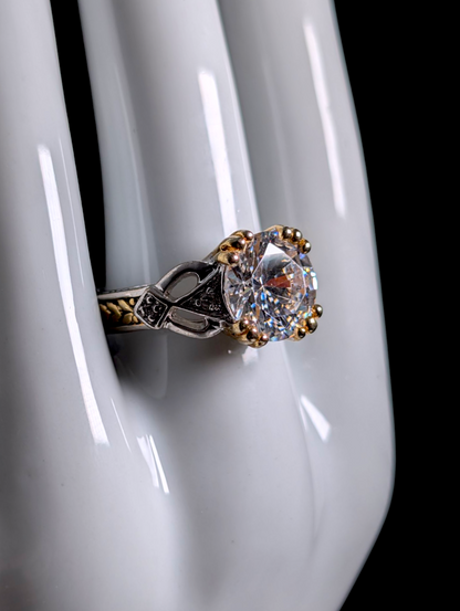 Vintage Brilliant Round Cut Simulated Diamond with Braided 18K Gold over Sterling Cocktail Statement Vacation Ring