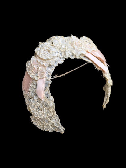 1950s - 1970s Wedding Halo Headpiece with Pink Ribbon and Chantilly Lace Flowers