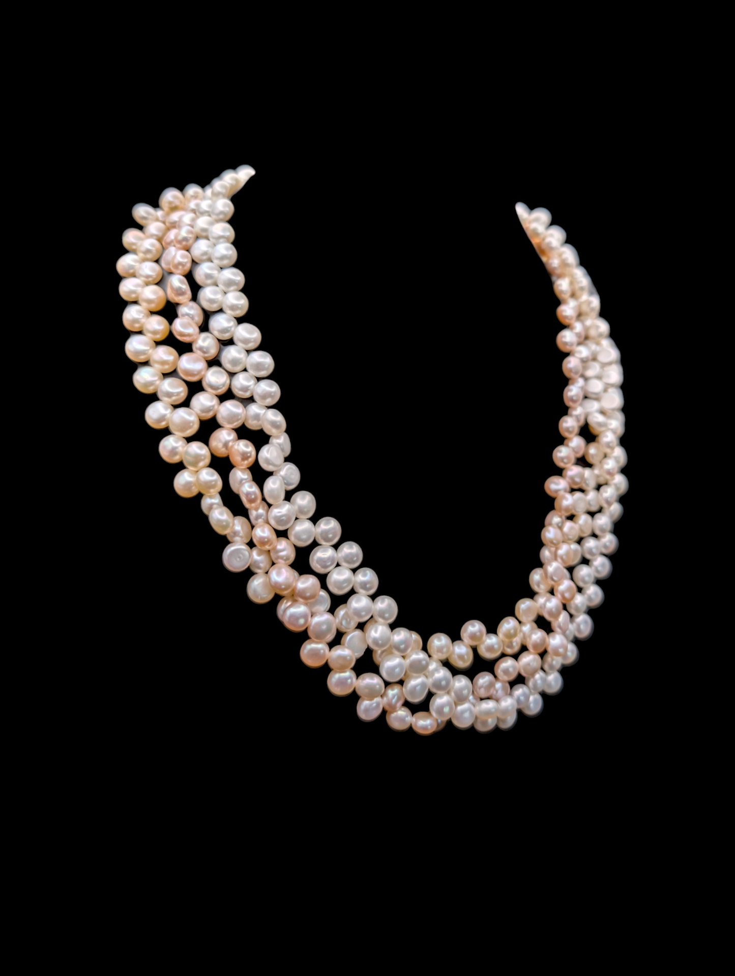 Vintage 3 Strand Ombre Coin Genuine Freshwater Pearl Necklace in White, Peach and Pink