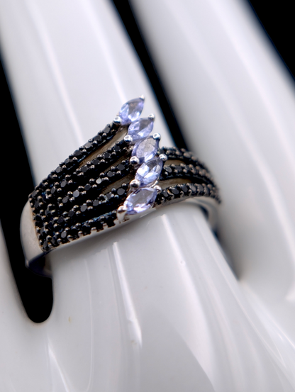 Vintage Inspired Genuine Tanzanite and Black Spinel Sterling Silver 925 Ring