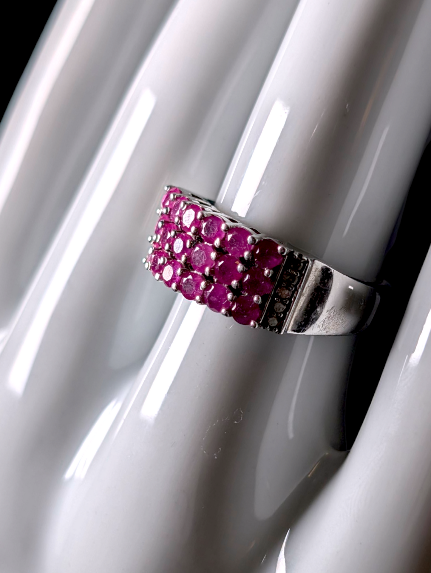 Vintage Three Row Genuine Ruby and Diamond Accent Sterling Silver Cocktail Statement Ring