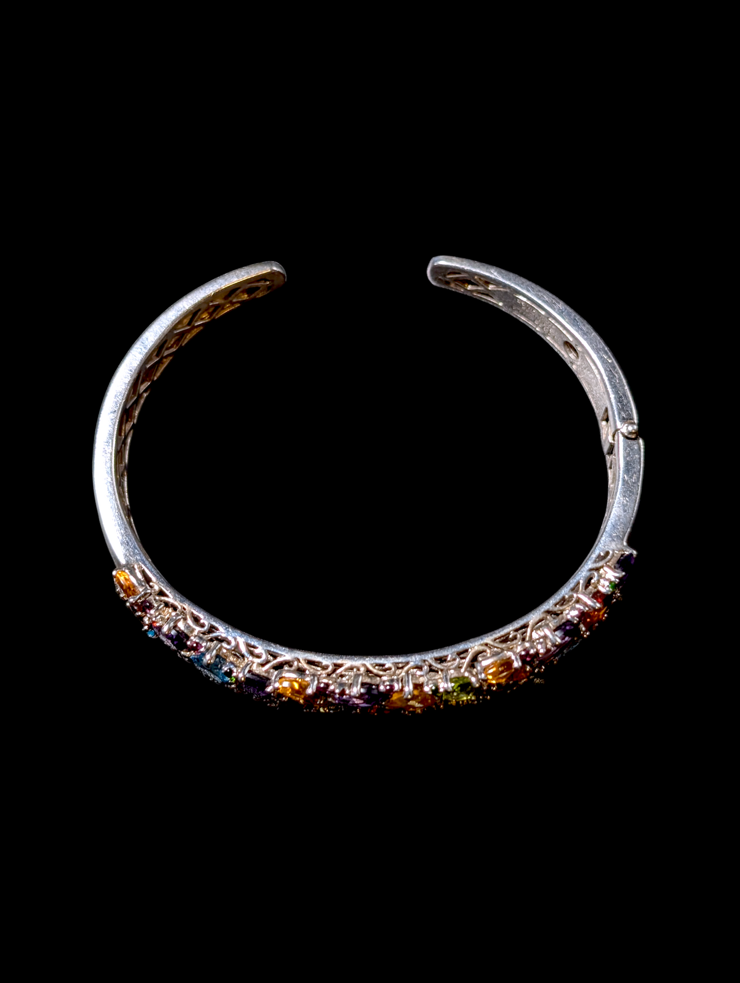 Vintage Mixed Cut Genuine Multi Gemstone Rhodium Plated Sterling Silver Hinged Cuff Bracelet