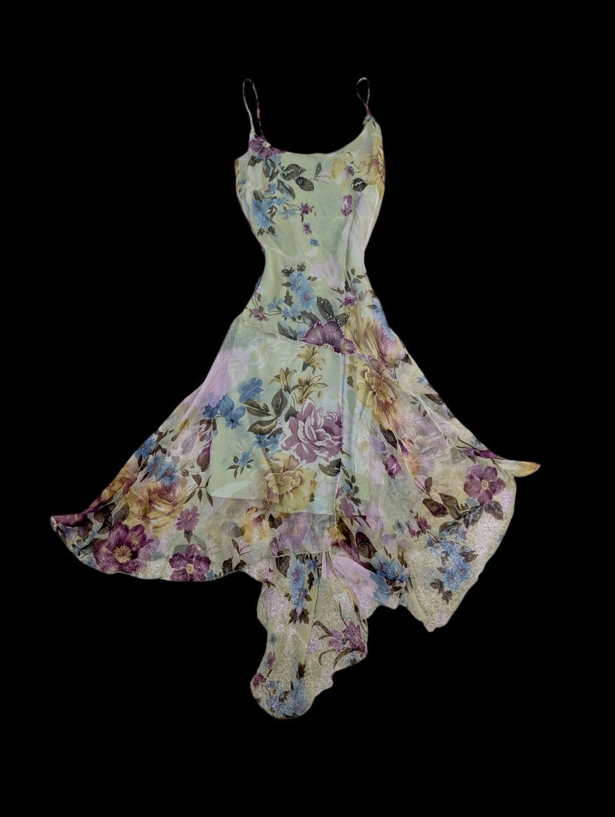Vintage Y2K Rene Derhy Silk Beaded Green Floral Fairy Dress and Matching Top