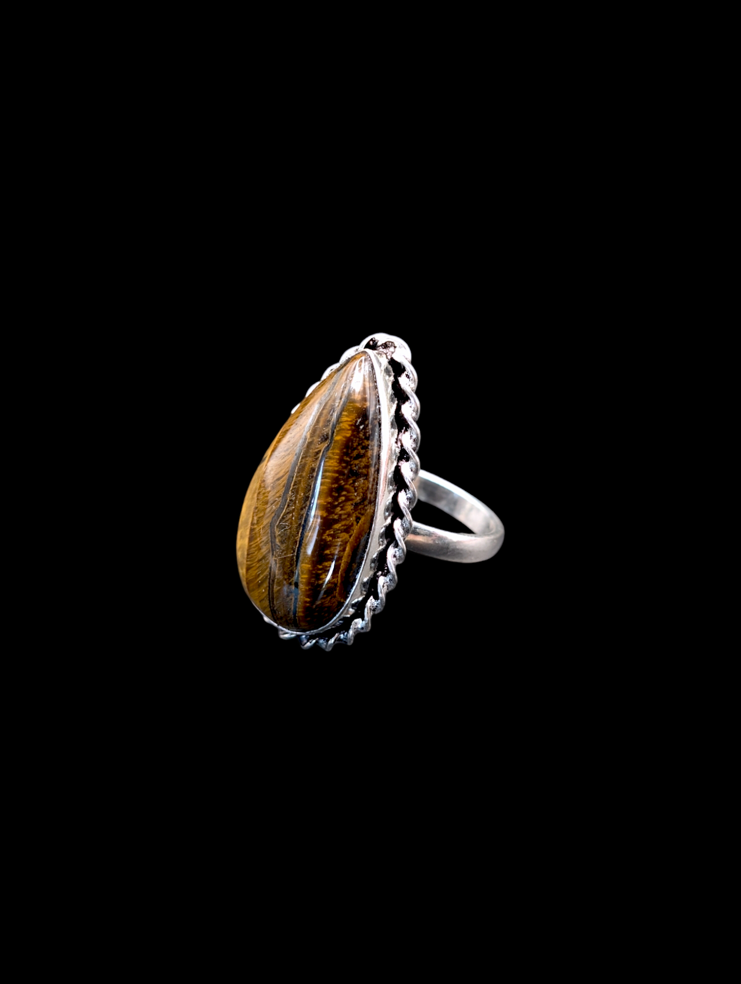 Vintage Large Pear Cut Tigers Eye Artisan Boho Gemstone Silver Ring