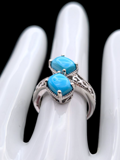 Vintage Twin Cabochon Genuine Sleeping Beauty Turquoise Wrap Sterling Silver Ring