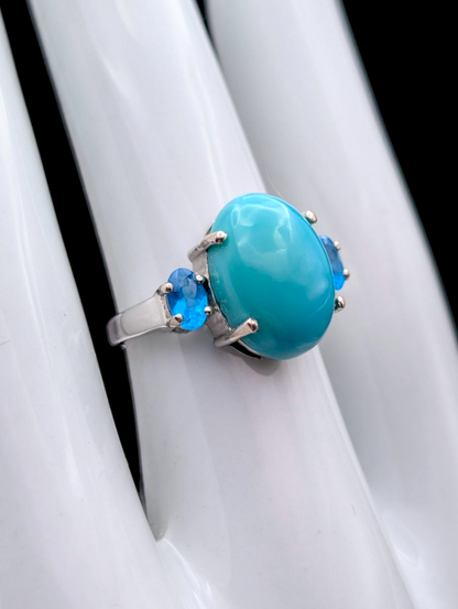 Vintage Solitaire Cabochon Genuine Sleeping Beauty Turquoise and Simulated Topaz Sterling Silver Ring