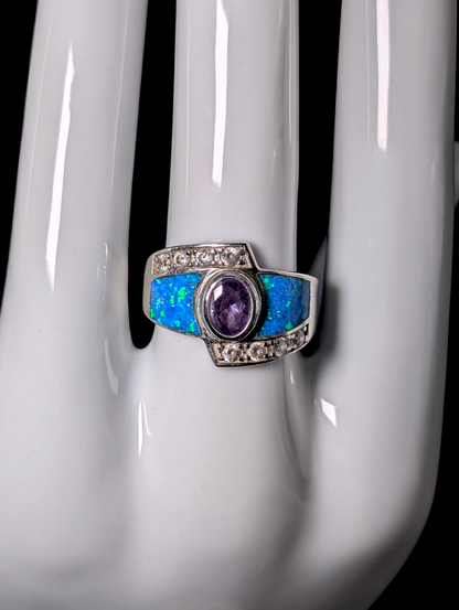 Vintage Bezel Set Oval Cut Solitaire Genuine Amethyst with Blue Mexican Fire Opal Inlay Sterling Silver Wide Band Ring