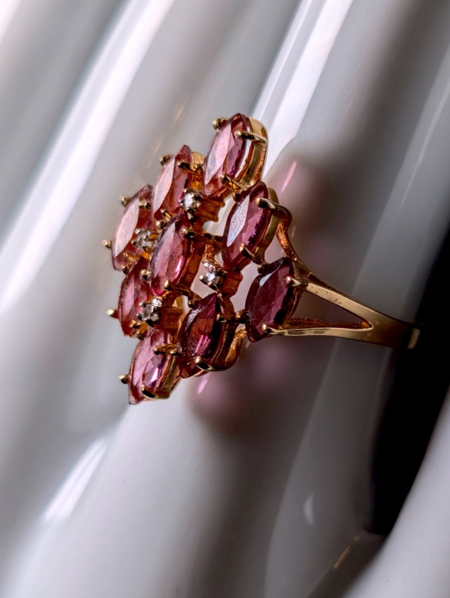 Vintage 14k Gold Genuine Pink Tourmaline and Diamond Cluster Waterfall Statement Ring