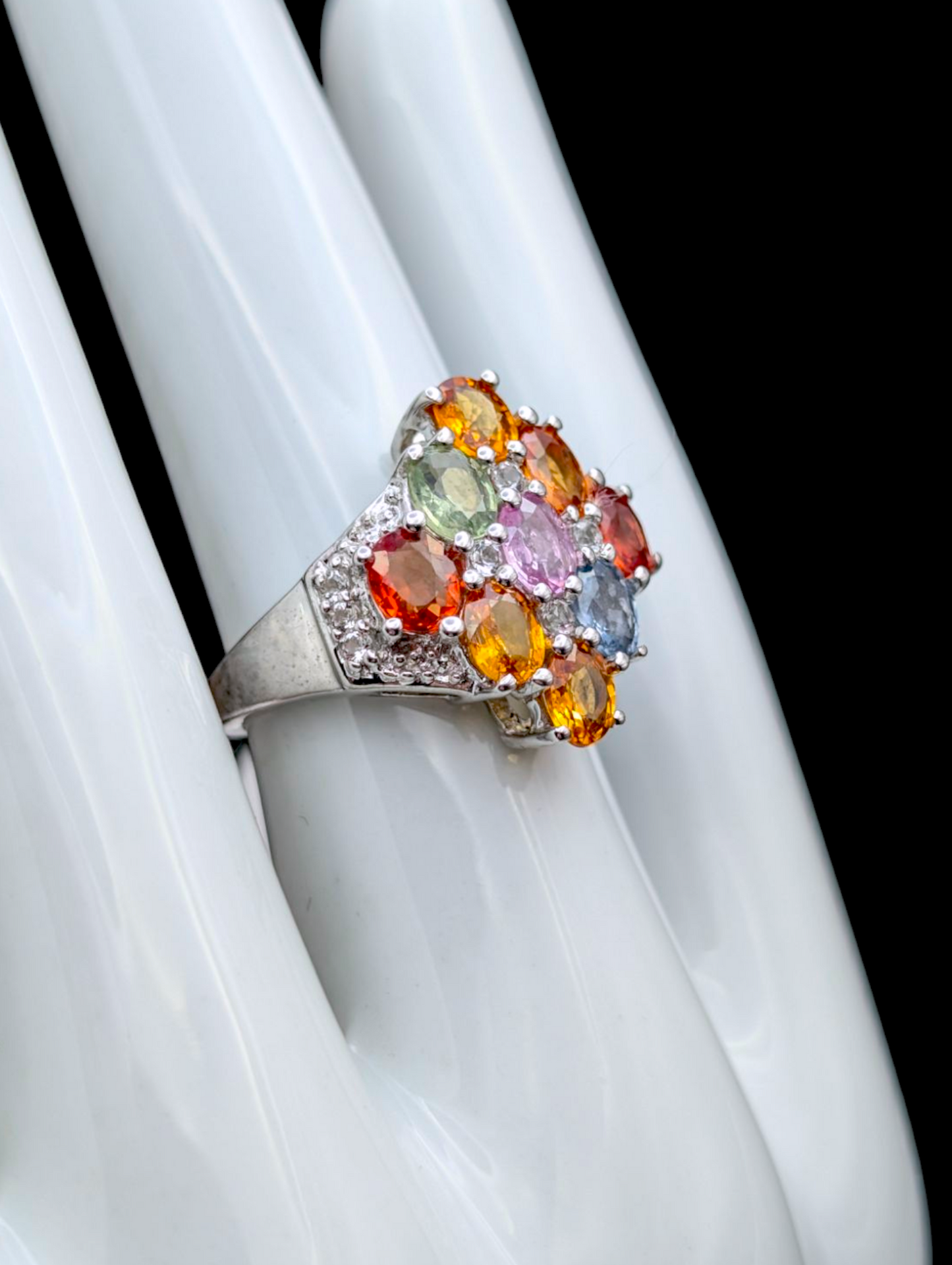Vintage Rainbow Genuine Fancy Sapphire and Topaz Accented Sterling Silver Cluster Ring
