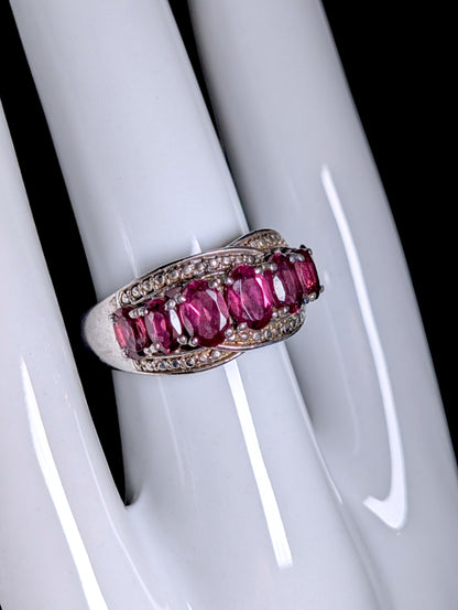 Vintage 7 Stone Genuine Rhodolite Garnet Row Sterling Silver Band Ring