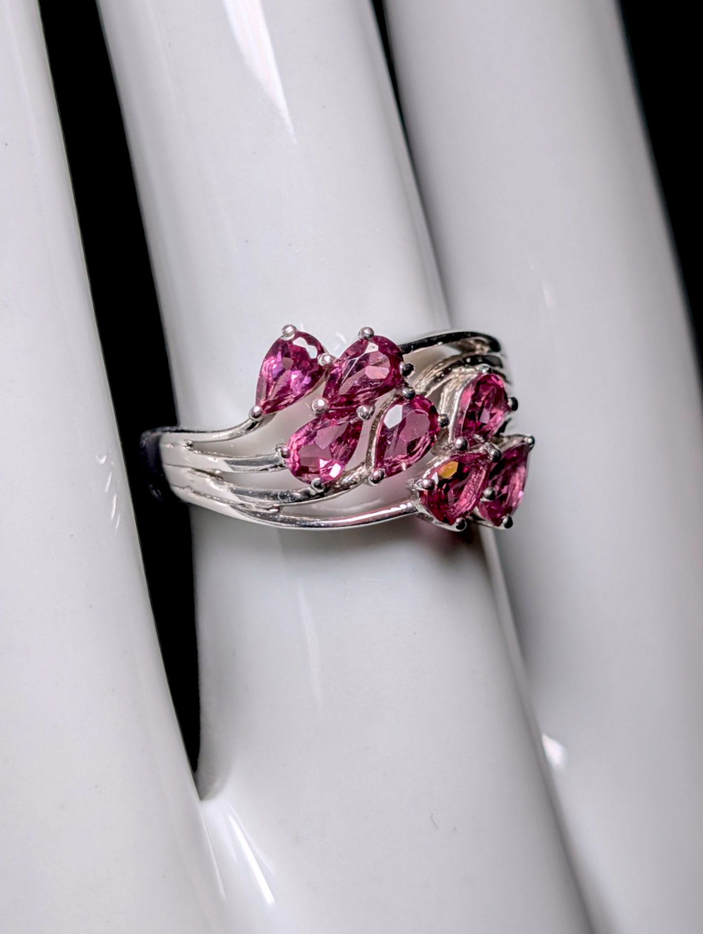 Vintage 1.75 Carat Pear Cut Genuine Pink Tourmaline Sterling Silver Wave Design Ring