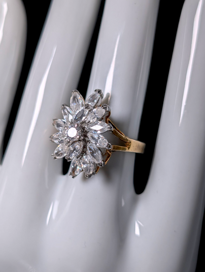 Vintage Marquise Cut Simulated Diamond Cluster Starburst 14K Yellow Gold Vermeil Cocktail Statement Ring