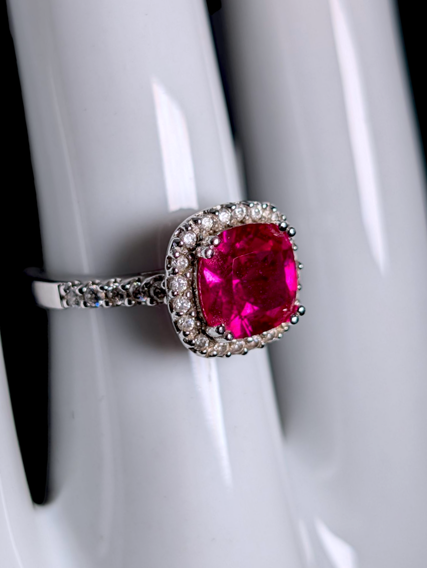 Vintage Cushion Cut Genuine Ruby Solitaire with Simulated Diamond Halo Sterling Silver Ring