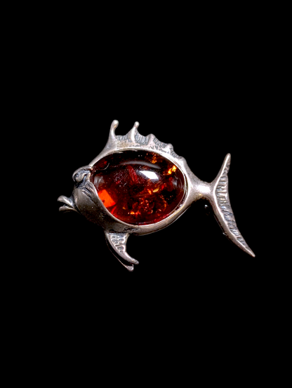 Vintage Fish Genuine Baltic Amber Jelly Belly Sterling Silver Brooch Pin