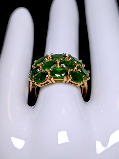 Vintage Three Row Oval Cut Genuine Chrome Diopside 18k Yellow Gold Vermeil Ring