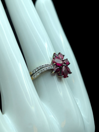 Vintage Flower Cluster Genuine Pink Ruby Sapphire and Topaz Accent 14k Gold Vermeil Ring