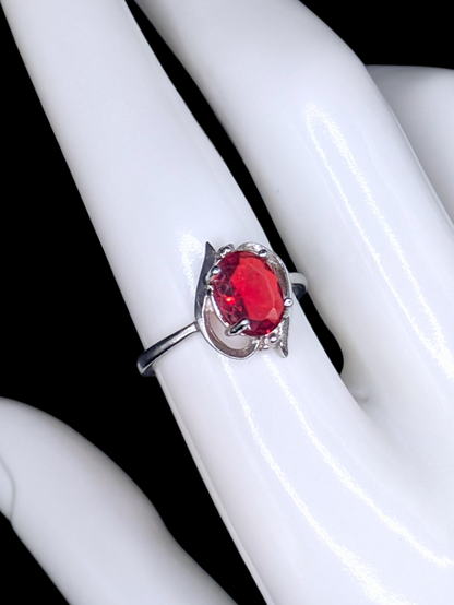 Vintage Inspired Oval Cut Simulated Ruby Solitaire Silver Toned Crossover Ring