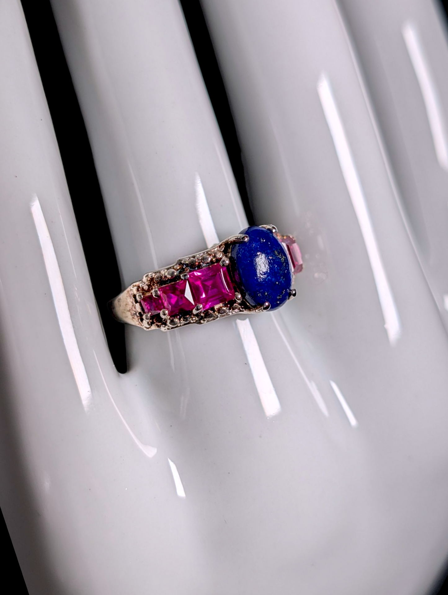 Vintage Oval Cabochon Cut Genuine Lapis Solitaire with Princess Cut Ruby Accents Sterling Silver Statement Band Ring