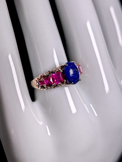Vintage Oval Cabochon Cut Genuine Lapis Solitaire with Princess Cut Ruby Accents Sterling Silver Statement Band Ring