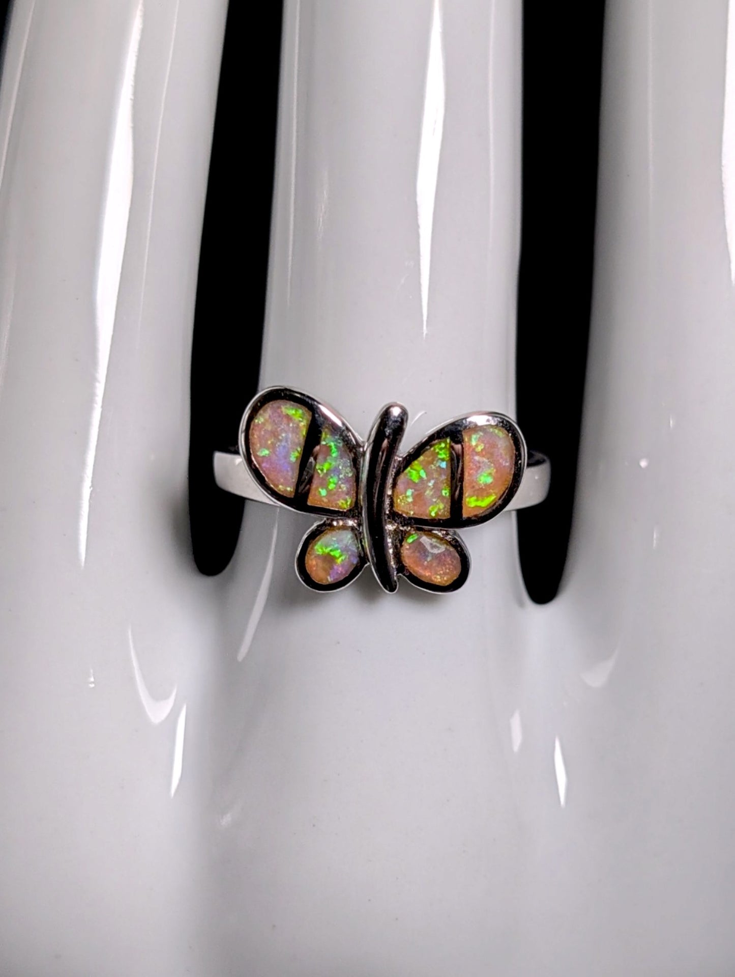 Vintage Genuine Opal Inlay Butterfly White Gold over Sterling Ring