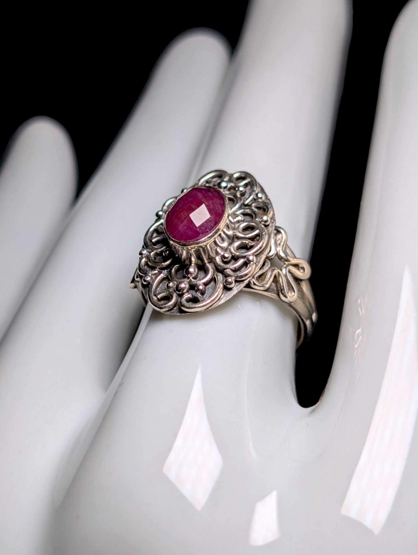 Vintage Fantasy Artesian Checkerboard Cut Earth Mined Genuine Ruby Sterling Silver Filigree Ring
