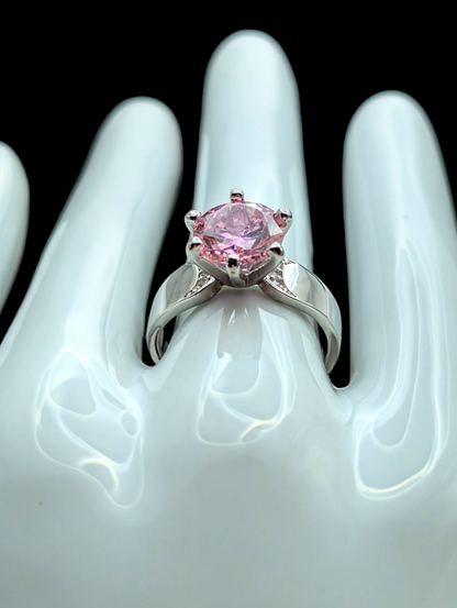 Vintage Large Solitaire Brilliant Round Cut Simulated Pink Sapphire Silver Toned Statement Cocktail Ring