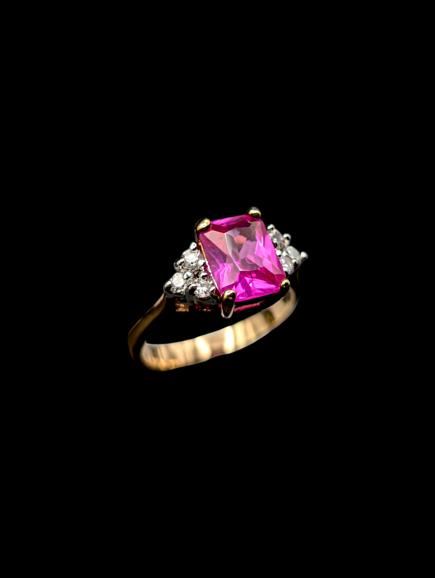 Vintage Radiant Cut Genuine Pink Sapphire and Simulated Diamond 18k Yellow Gold Vermeil Sterling Silver Ring