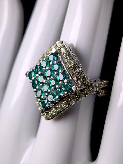 Vintage Dazzling Diamond Cluster Genuine Emerald with Peridot Halo Sterling Silver Statement Ring