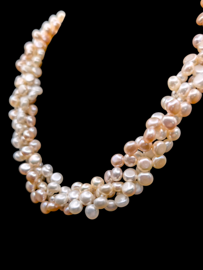 Vintage 3 Strand Ombre Coin Genuine Freshwater Pearl Necklace in White, Peach and Pink