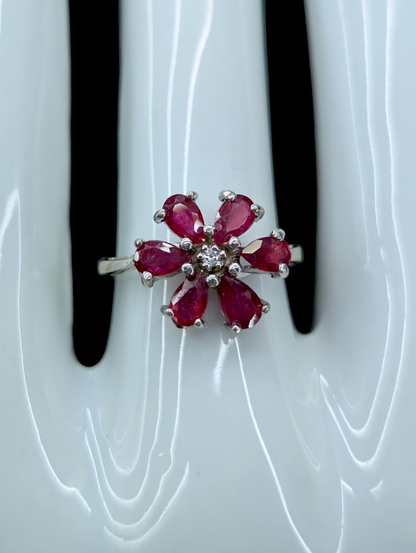 Vintage Flower Genuine Ruby and Genuine White Topaz Rhodium Over Sterling Silver Ring