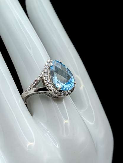 Vintage Large 4+ Carat Pear Cut Genuine Swiss Blue Topaz and Simulated Diamond Sterling Silver Ring