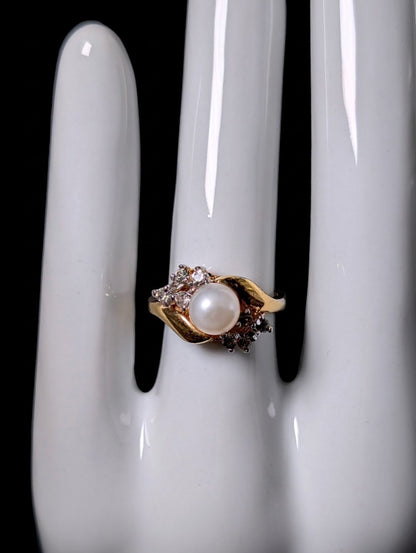 Vintage Genuine Pearl and Simulated Diamond Gold over Sterling Ring