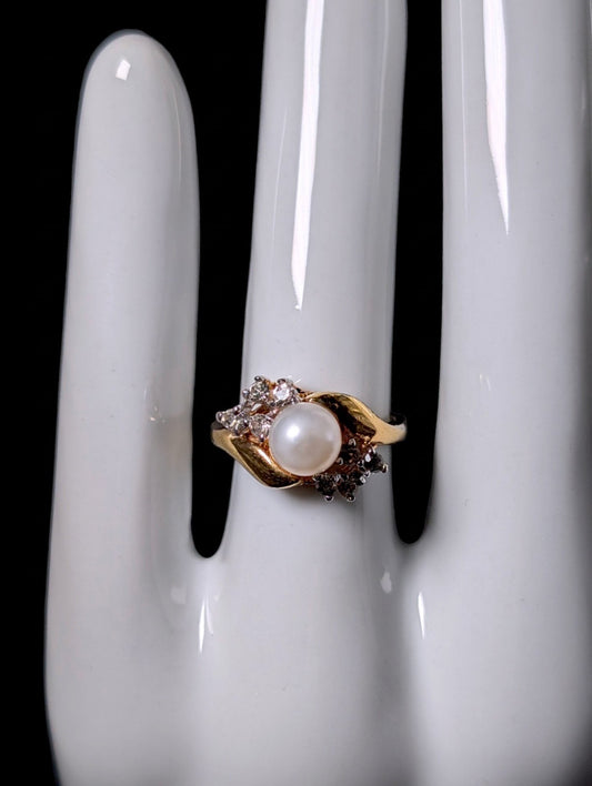 Vintage Genuine Pearl and Simulated Diamond Gold over Sterling Ring