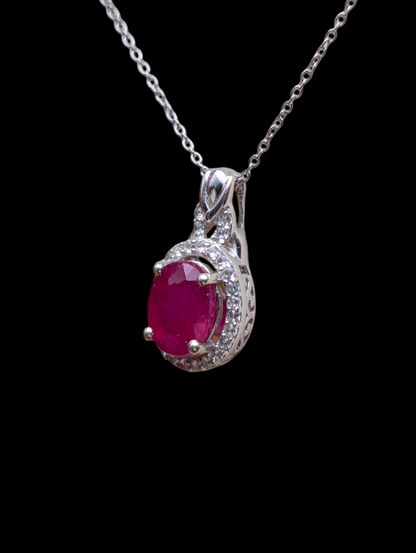 Vintage 5+ Carats Earth Mined Genuine Ruby and Diamond Halo Necklace, Ring and Earrings Sterling Silver 3 Piece Set