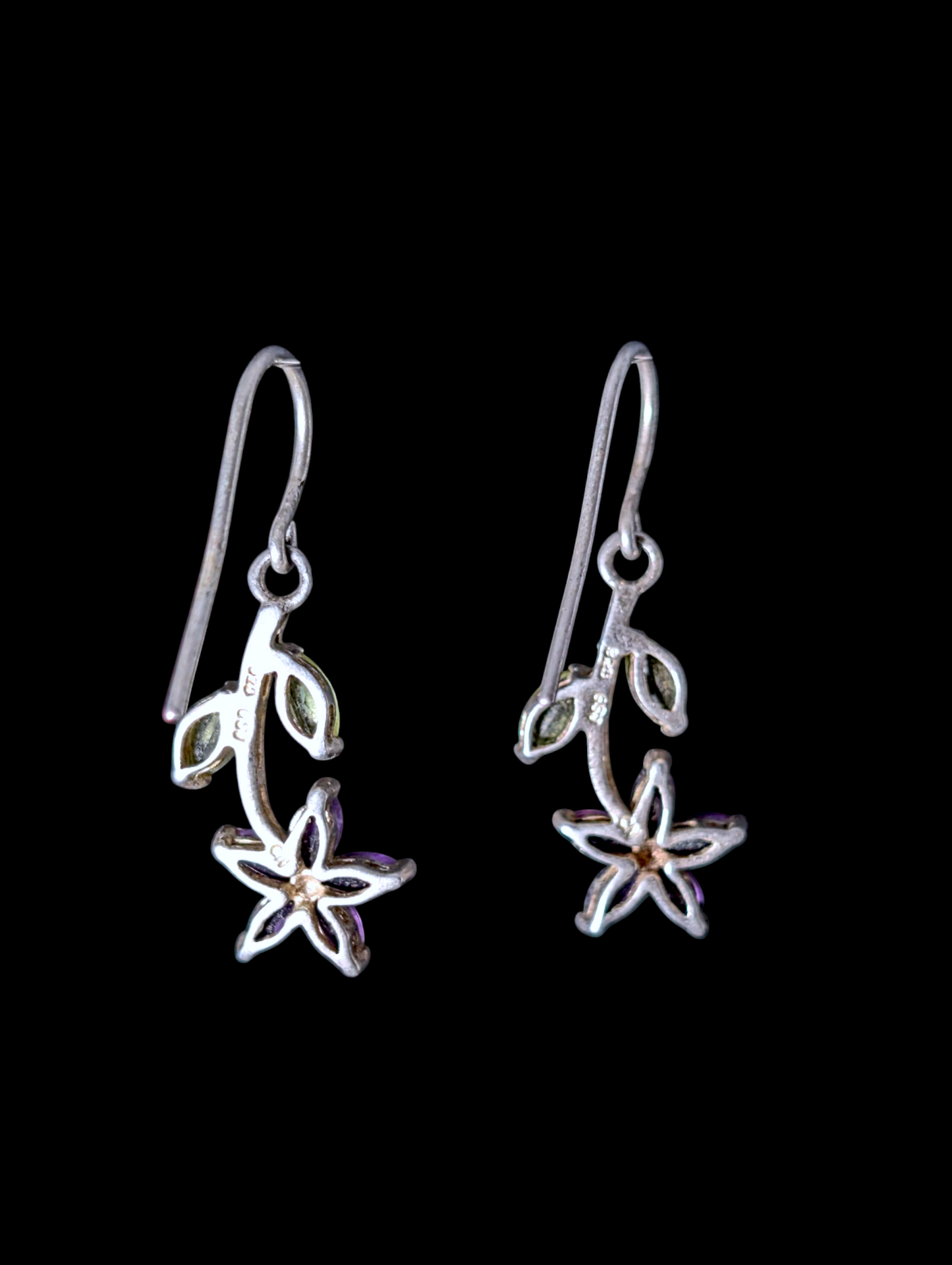 Vintage Flower Prong Set Genuine Amethyst and Peridot Sterling Silver Earrings